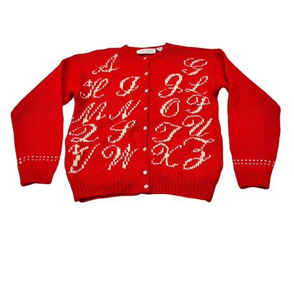 Jayson Younger Vintage Wool Alphabet Cardigan Sweater, Red, M - Picture 1 of 7